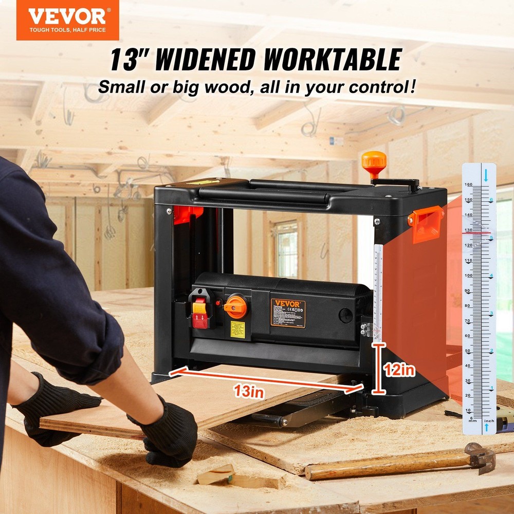 13in 15A Variable Speed Planer Triple Knife 61.7lb Enhanced Stability