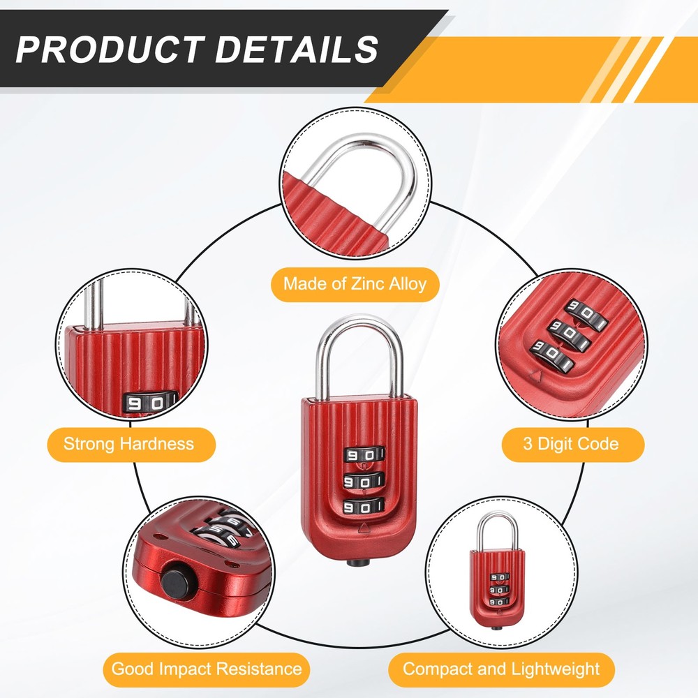 Resettable 3 Digit Combination Lock Code Padlock, Red (65 x 30mm)