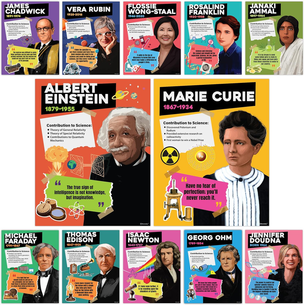 12 Famous Scientists Posters for Classroom, 11x14in Educational Matte-Laminated