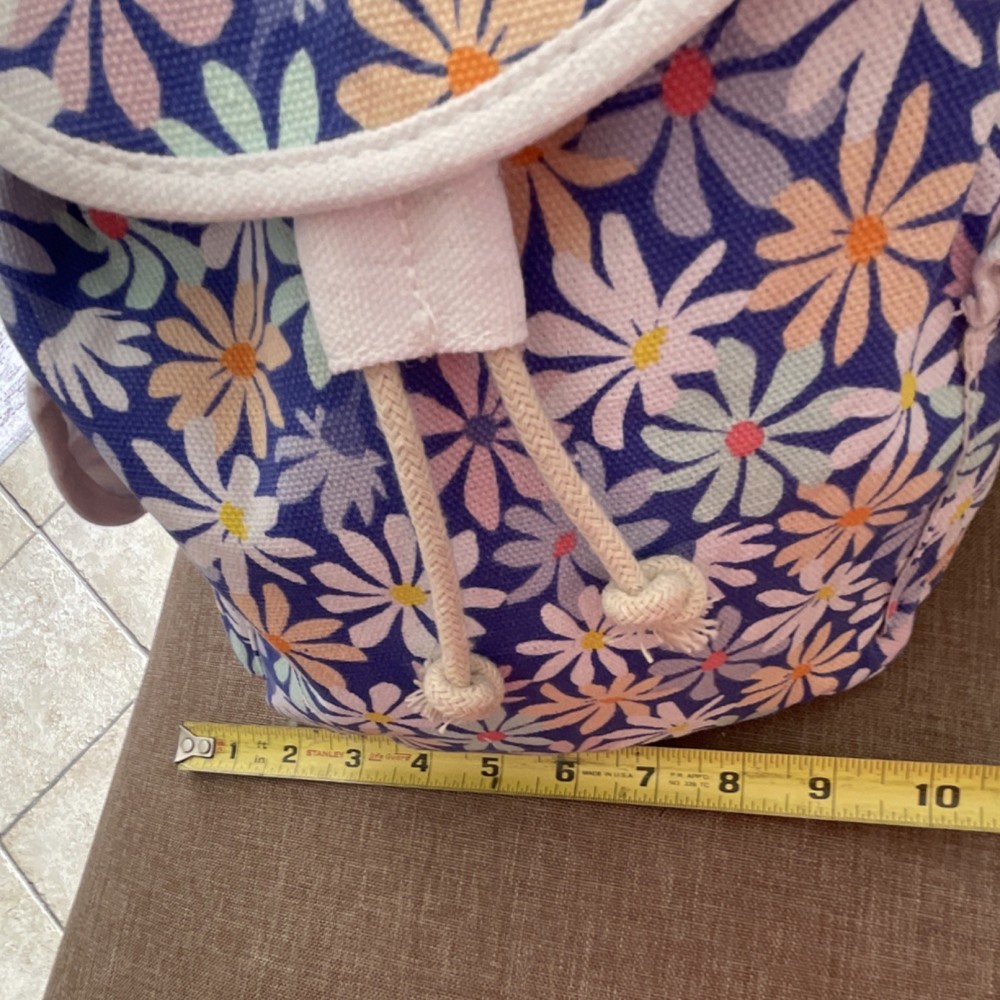 Cat & Jack Floral Canvas Backpack Purple White Adjustable Strap Drawstring 11in