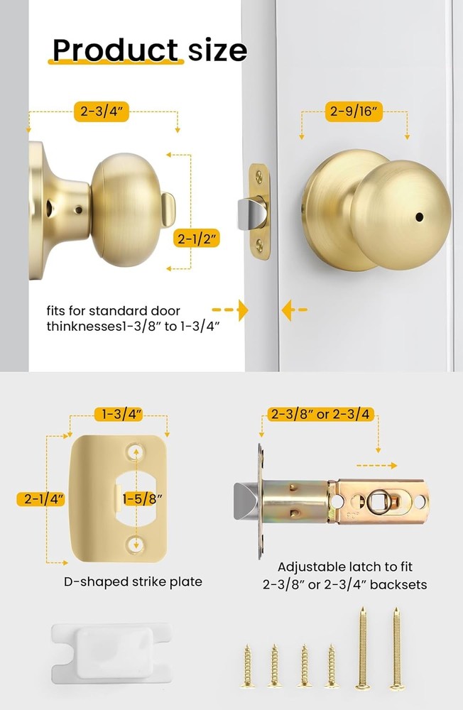 Gold Interior Door Knobs Bedroom Door Knob, Door Knobs Interior Bulk 6 Pack