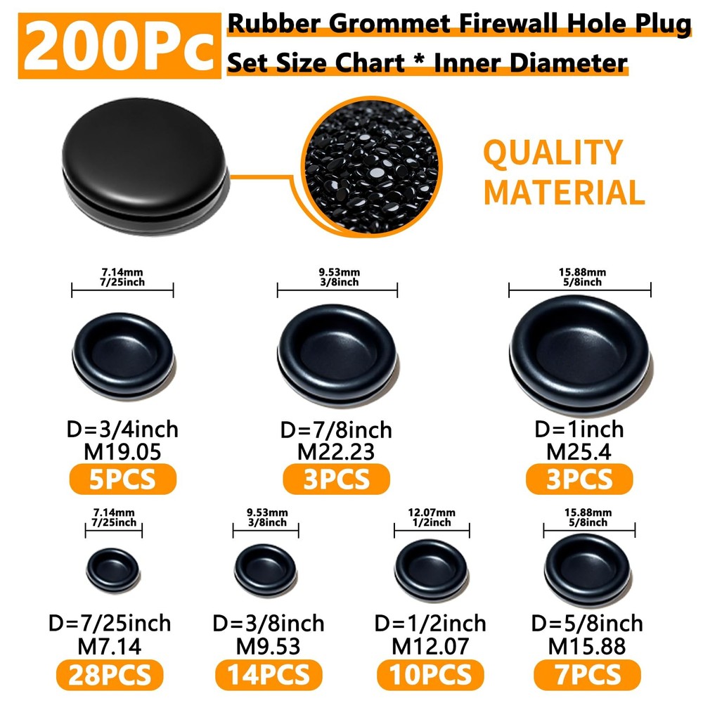 Rubber Grommet Kit 70 Pack - 7 Sizes Firewall Hole Plugs Rubber...