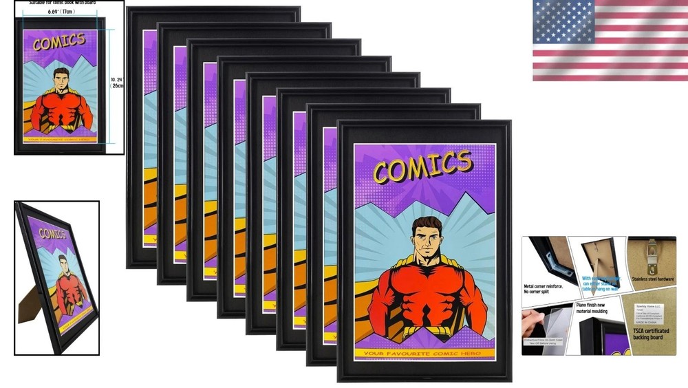 Stylish Black Comic Book Frames with UV Protection - 8 Pack Display Solution