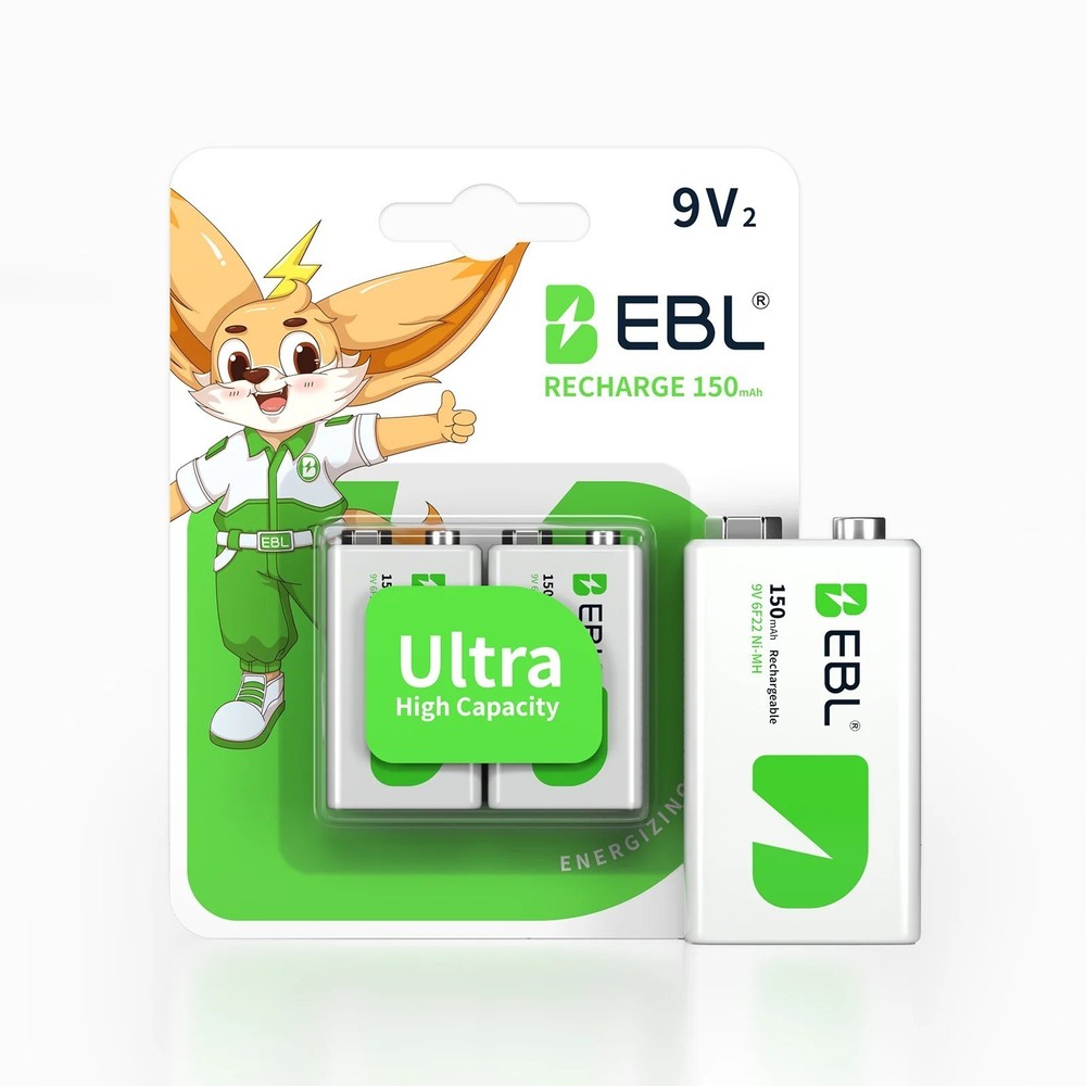 EBL 9V NIMH Rechargeable Batteries 2PCS ，2 Count,
