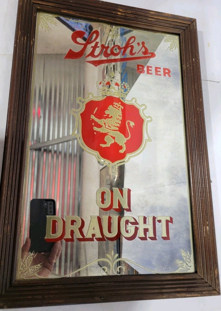Stroh's Beer Mirror Sign - STROH'S BEER ON DRAUGHT