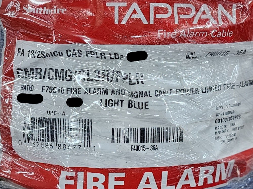 Southwire/Tappan F40015 18/2C Solid Shield Fire Alarm Cable Riser Lt Blue /100ft