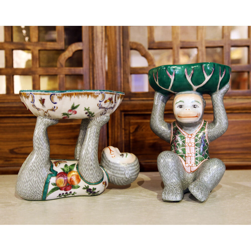 US Seller - Porcelain Monkey Chinese Figurine With Lotus Soap Dish