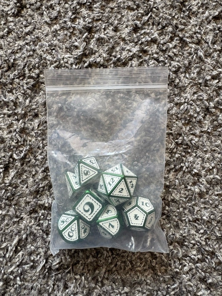 7 Pc Polyhedral Metal Dice Green & White