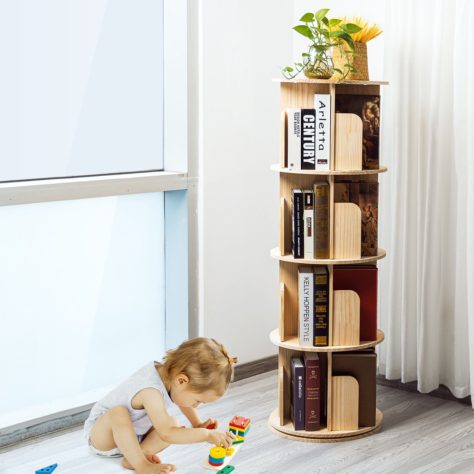 4 Tier 360° Rotating Bookshelf Bookcase Storage Shelf Freestanding Display Rack