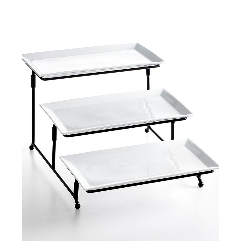 3 Tier Rectangular Porcelain Serving Plate Set Metal Rack Elegant Serveware New