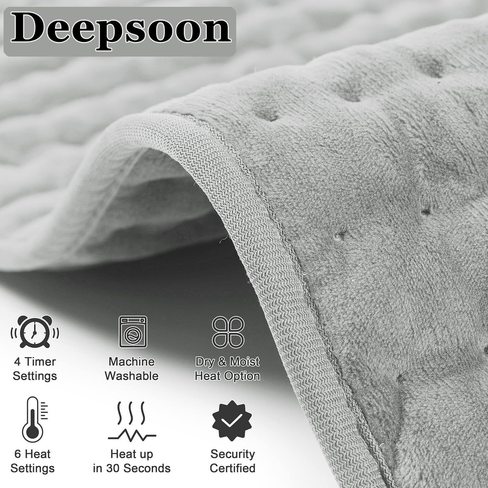 Versatile Electric Heating Pad - 6 Temp Settings, Machine Washable - Light Gray