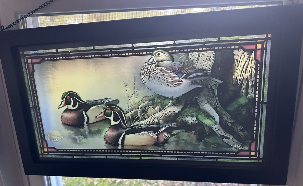 Hand Painted 13”X23”Hanging Window Panel w 3 Mallards BEAUTIFUL!