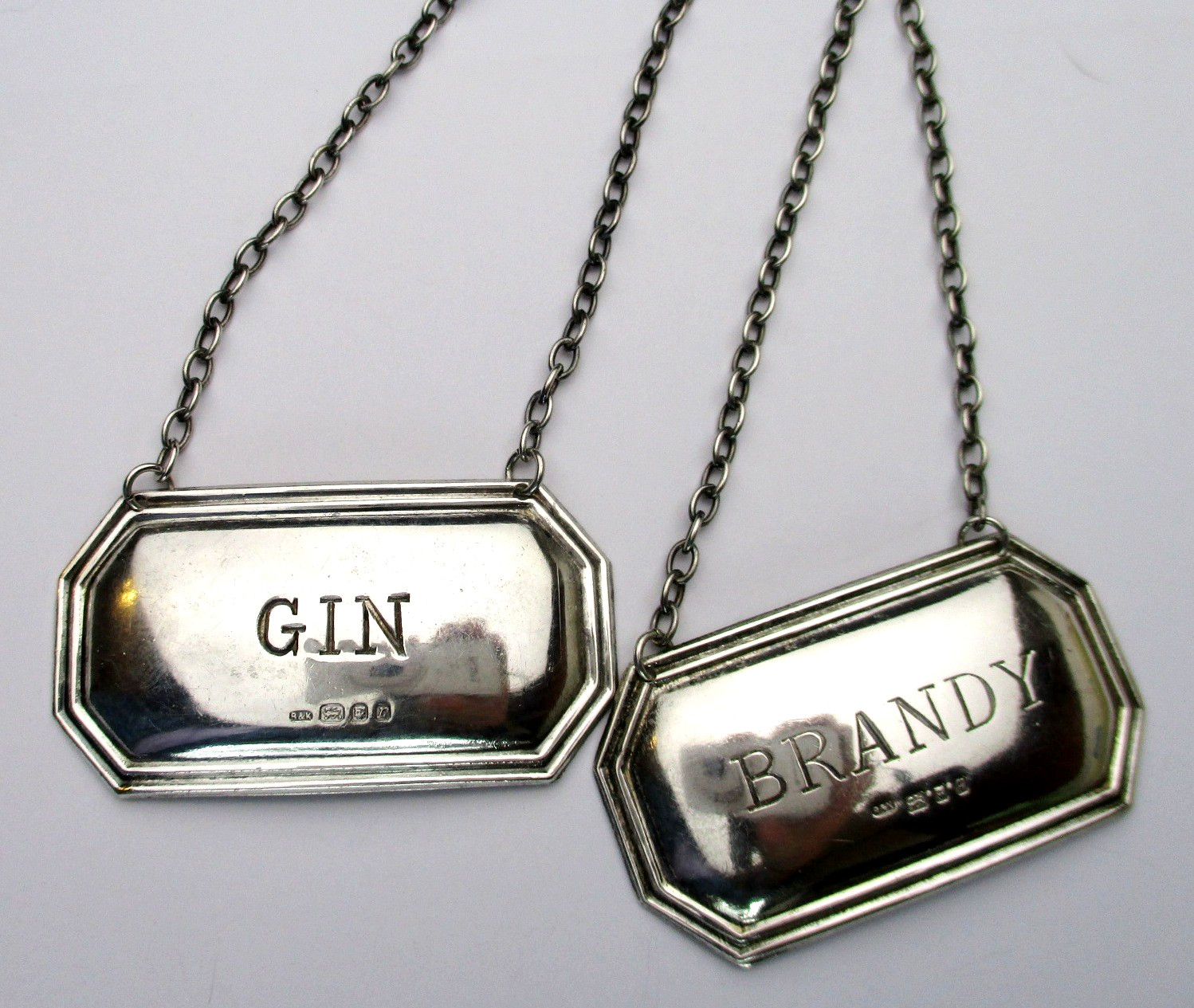 London liquor bottle hang tags Brandy & Gin sterling silver matching pair