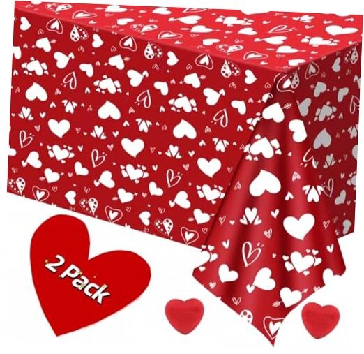 2 Pack Valentines Tablecloth - Heart Valentines Table Cloth, Plastic Red