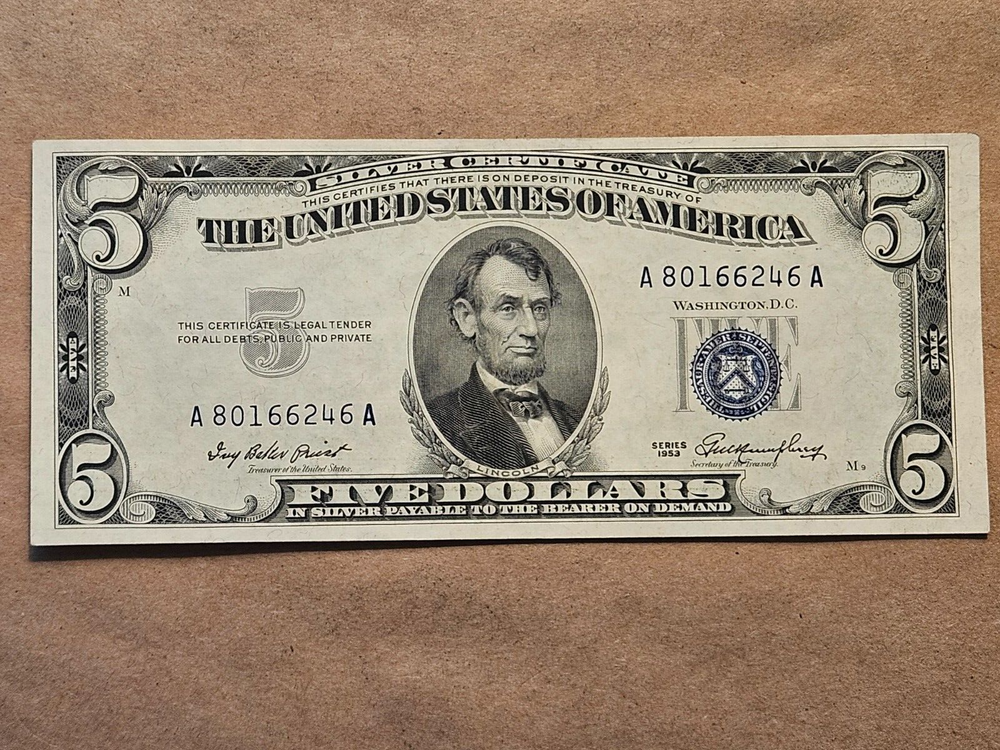 1953 $5 Silver Certificate Note Partial Offset Ink Transfer Error on Reverse