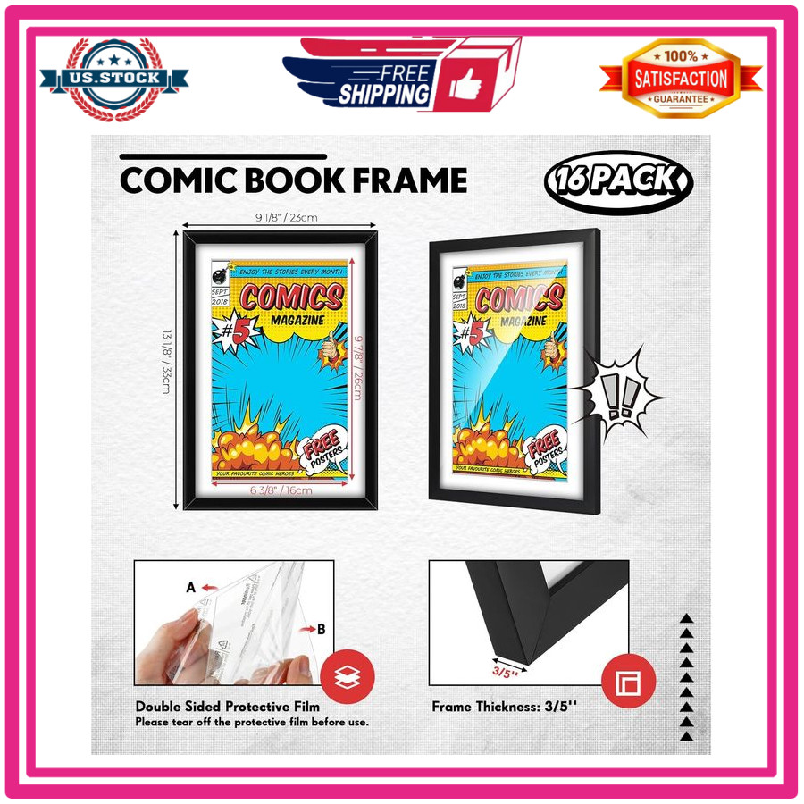 Geetery 16 Pack Comic Book Frames UV Protection Wall or Tabletop Display