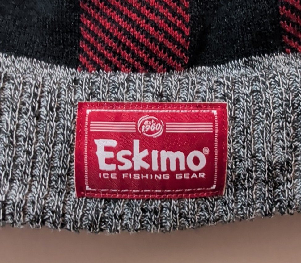 Eskimo Ice Fishing Knit Beanie Adult Gray Red Fleece Lined Winter Hat Pom