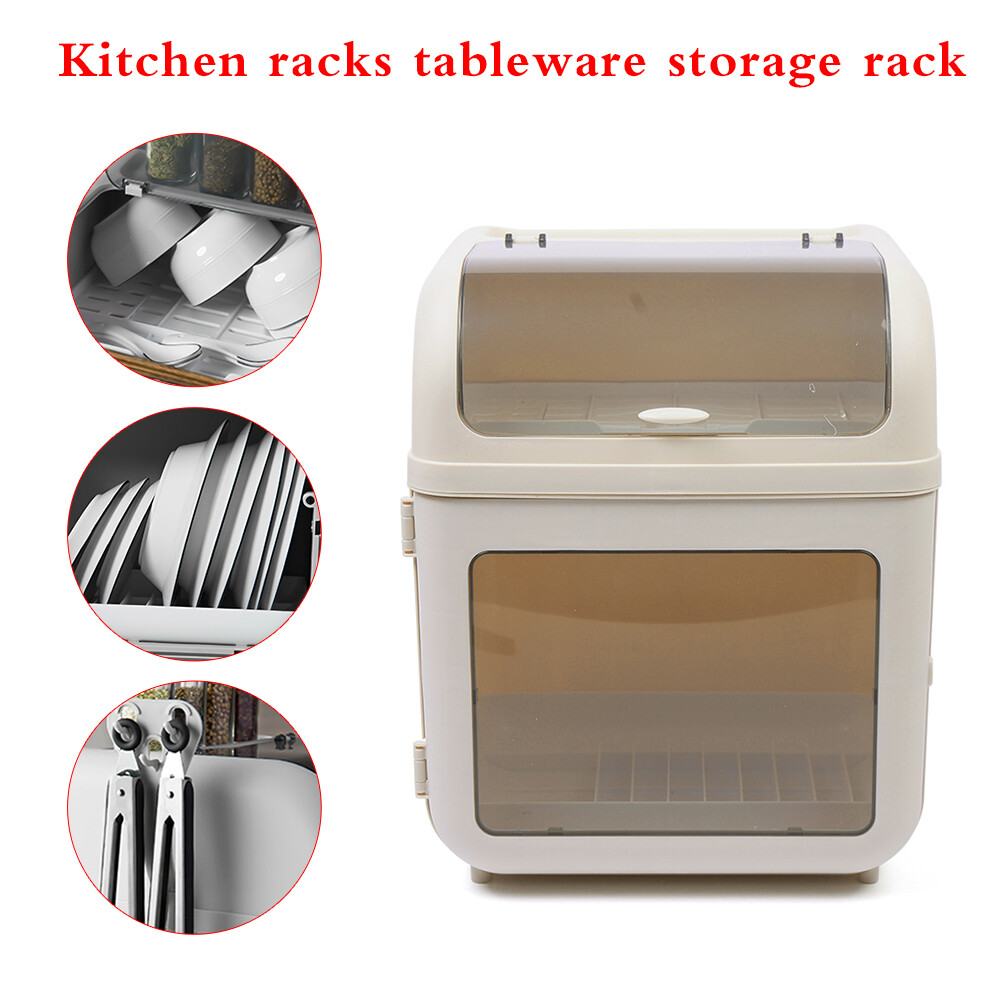 Covered Kitchen Dish Drying Rack Plastic Dustproof Drain Storage Box Basket Hold
