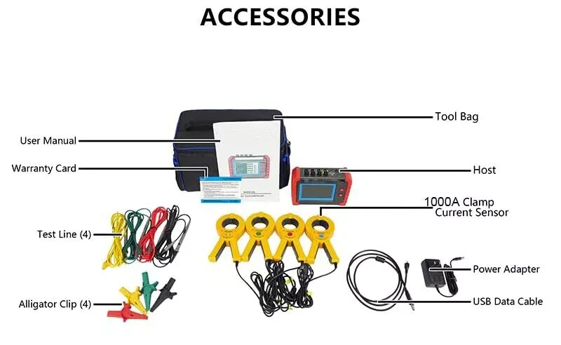 Power Quality Meter Analyzer with 5-inch Touch Screen 4 PCS 1000A Current Clamp