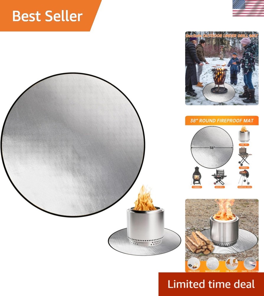 38" Round Fire Pit Mat - Double-Sided Fireproof & Waterproof, Black & Silver