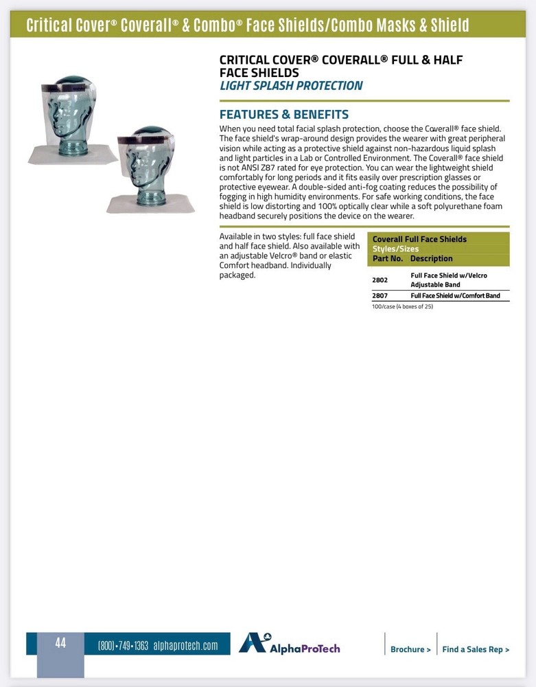 100/case Coverall Full Face Shield, Alpha ProTech 2802, Clear, 7 Mil