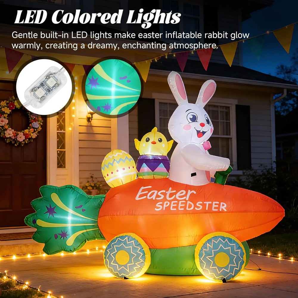 Easter Inflatable Bunny with Carrot Car and Easter Eggs, 6FT Easter Inflatables