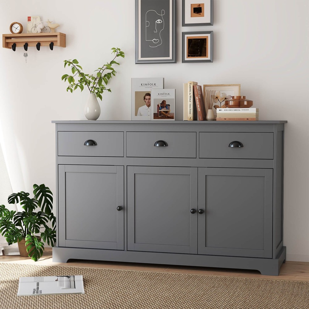 3 Drawers Sideboard Buffet Cabinet Console Table Kitchen Storage Cupboard Gray