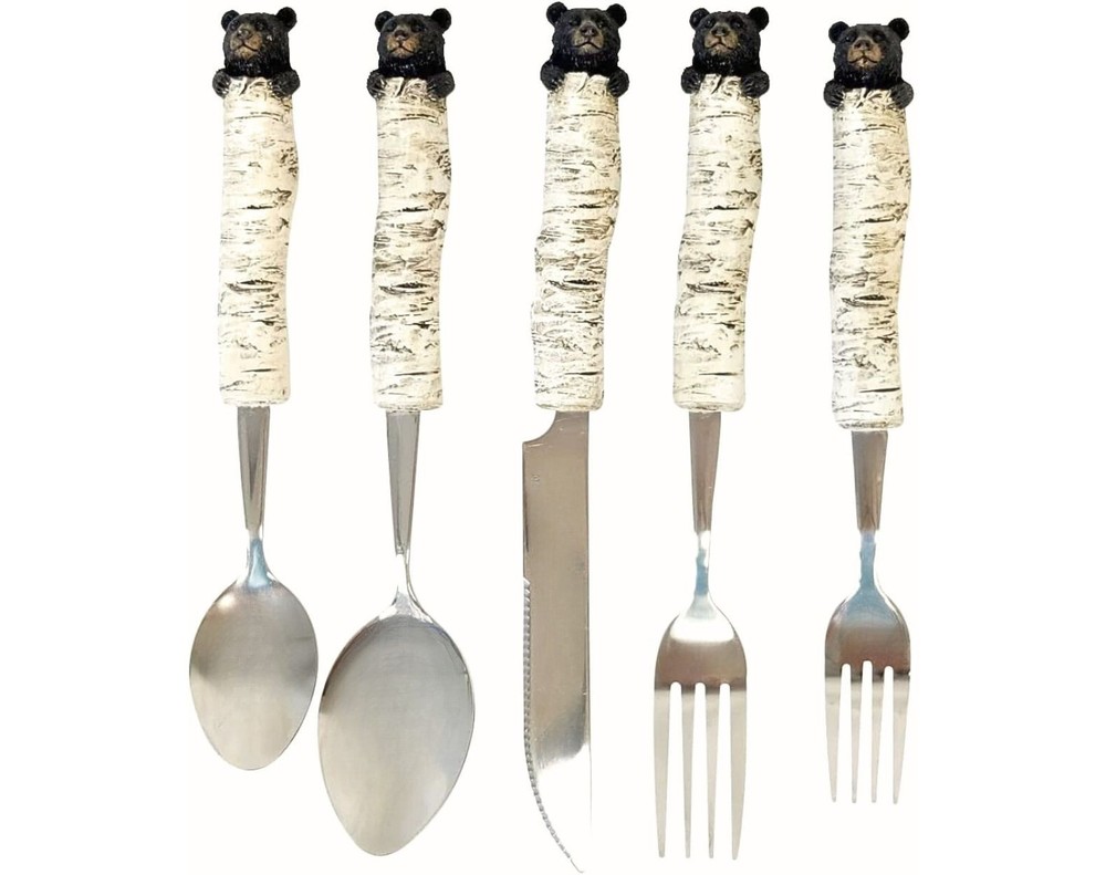Whimsical Bear Cubs Resin Birch Tree Decorative Flatware 5pc Set