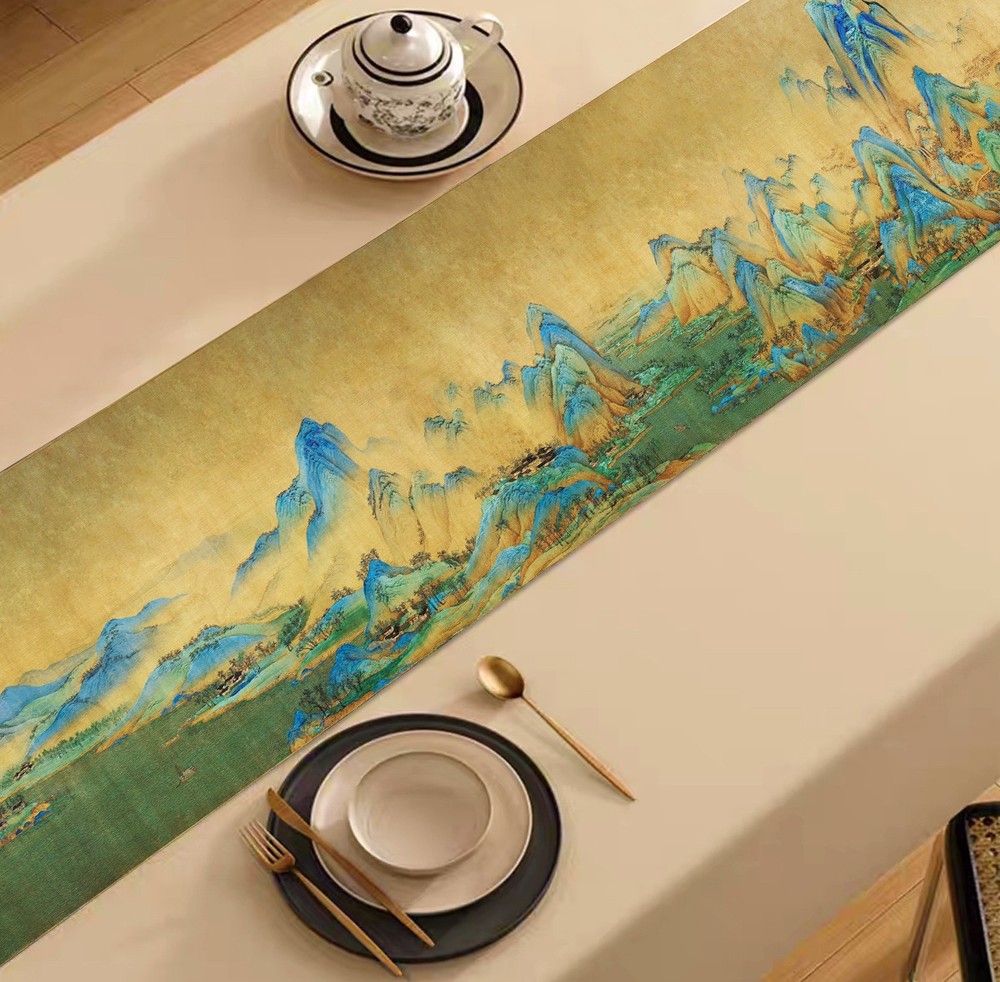 Double-Layer Table Runner Traditional Chinese Paintng Bed Runner Oriental Style
