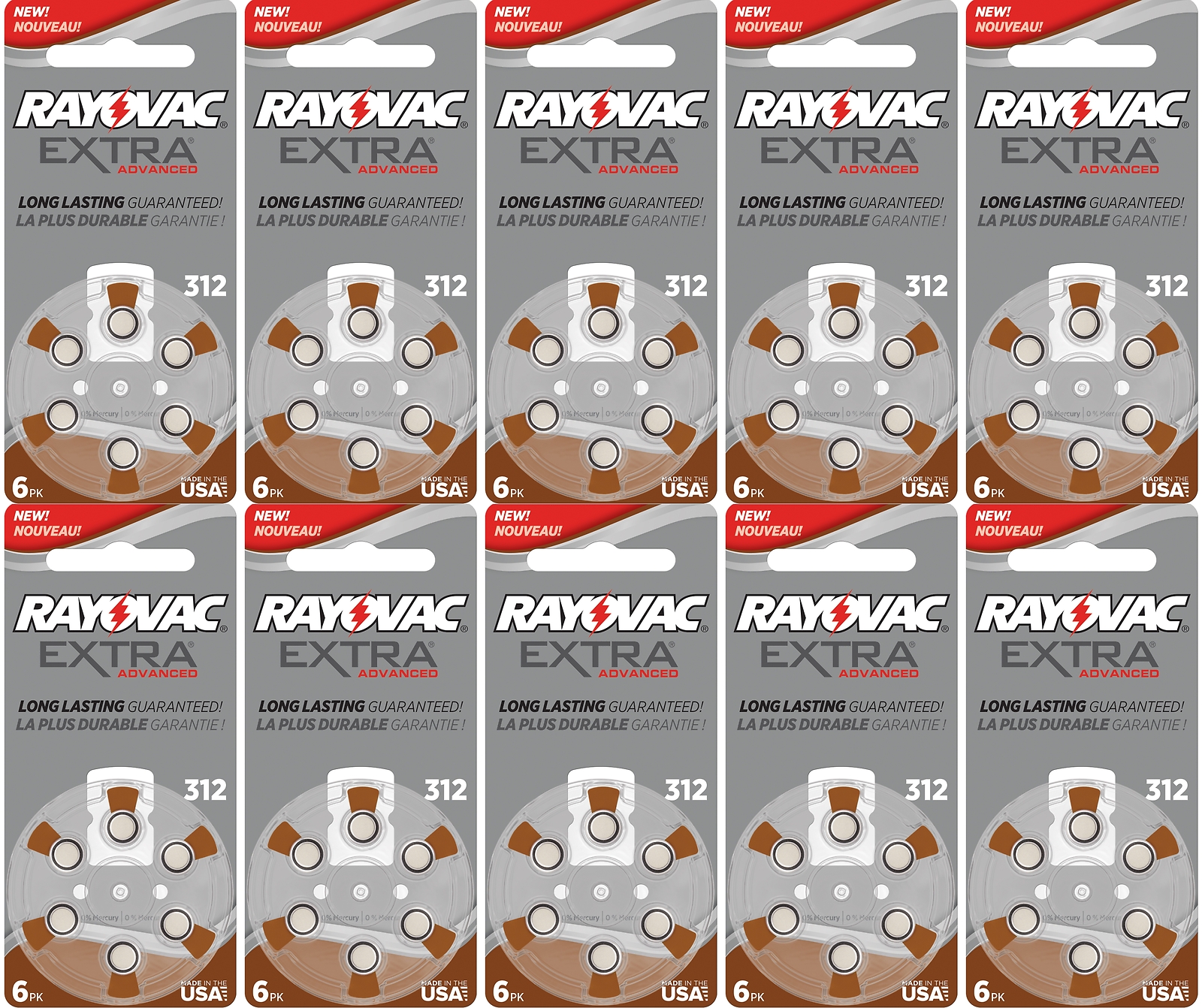 Rayovac Extra Hearing Aid Batteries, Size 312 Total of 60 Batteries