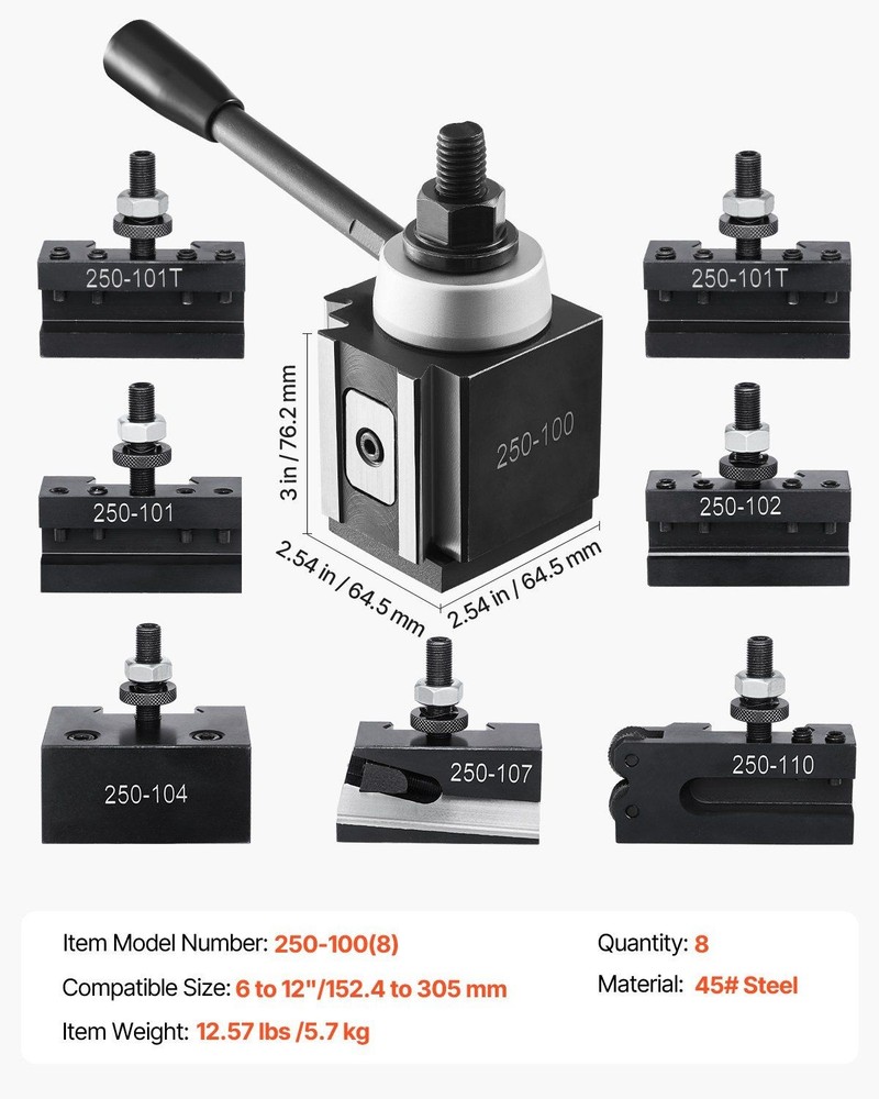 8pc Quick Change Tool Post Set for 6-12 Inch Lathe Holders