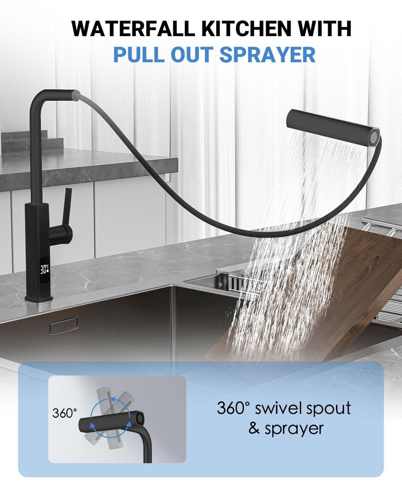 Black Kitchen Faucet with Pull Down Sprayer, Waterfall Pull Out Kitchen Fauce...
