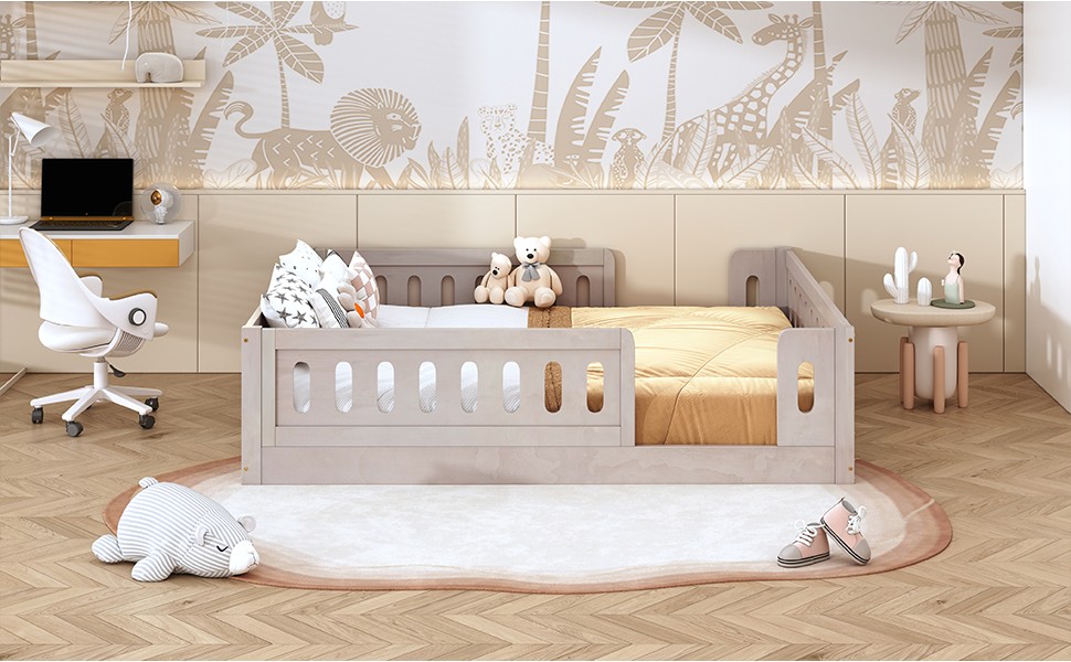 Wood Full Size Platform Bed with Guardrail, Natural