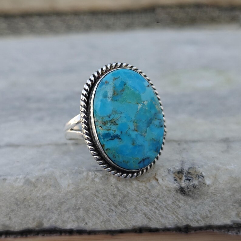 Solid 925 Sterling Silver Turquoise Large Oval Gemstone Boho Vintage Band Ring