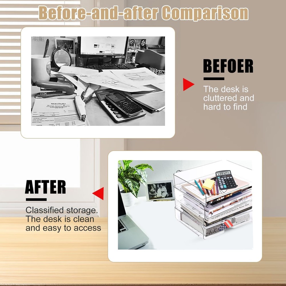 Clear Stackable Paper Trays 4 Pack, PET Letter Tray Desk Organizer, Desktop O...