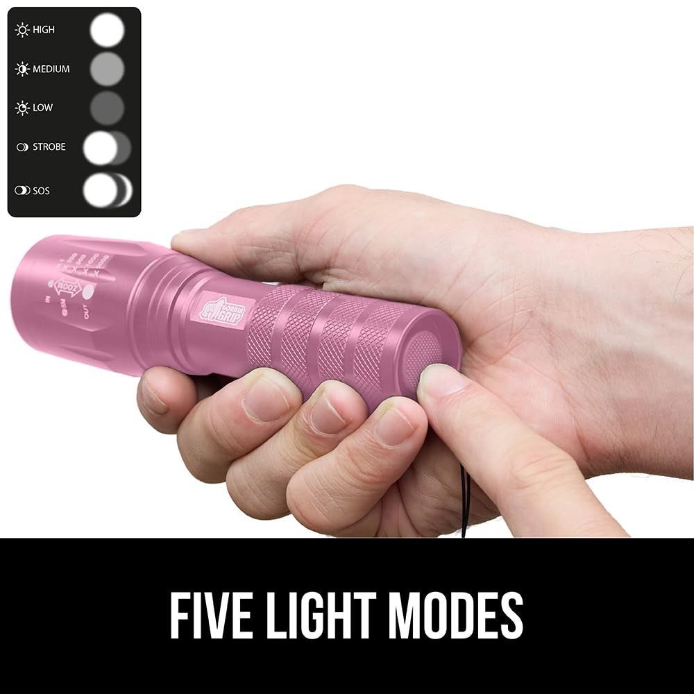 GORILLA GRIP 2-Pack Pink Tactical LED Flashlight 750ft Beam 5-Mode Zoom