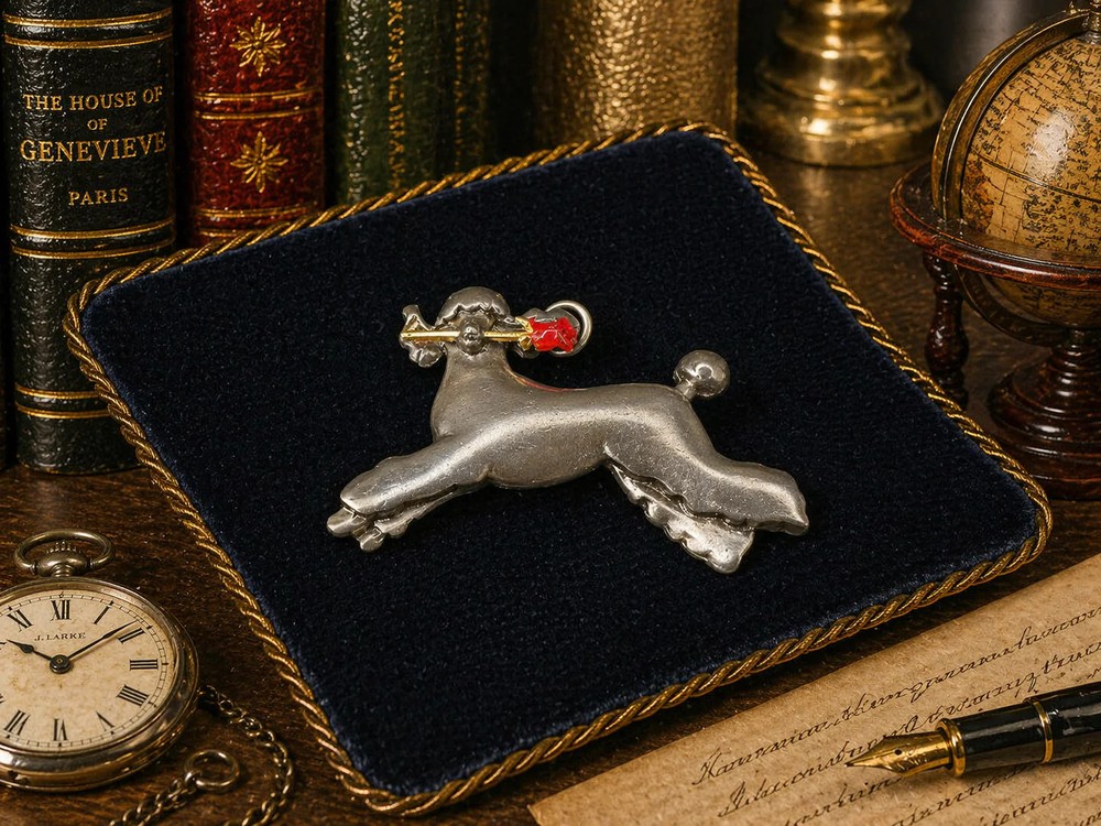 Shields pewter poodle brooch with red rose accent
