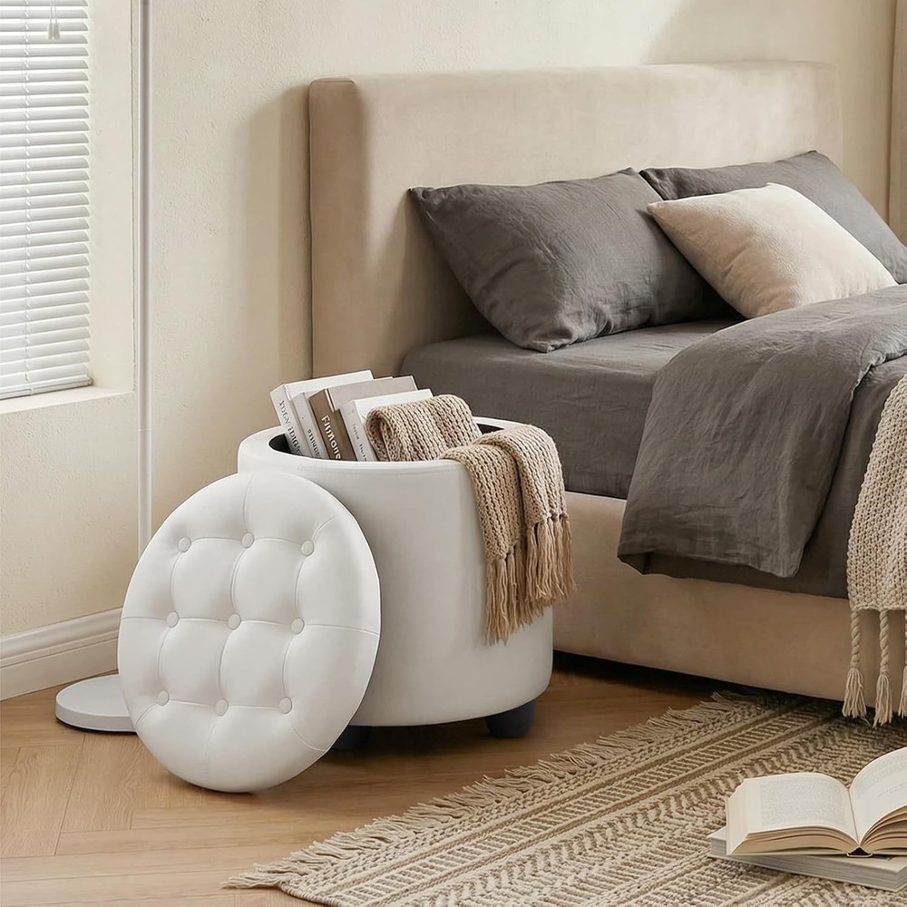 Upholstered Button Tufted Round Ottoman, PU Storage Ottoman Round,Lid Footstools