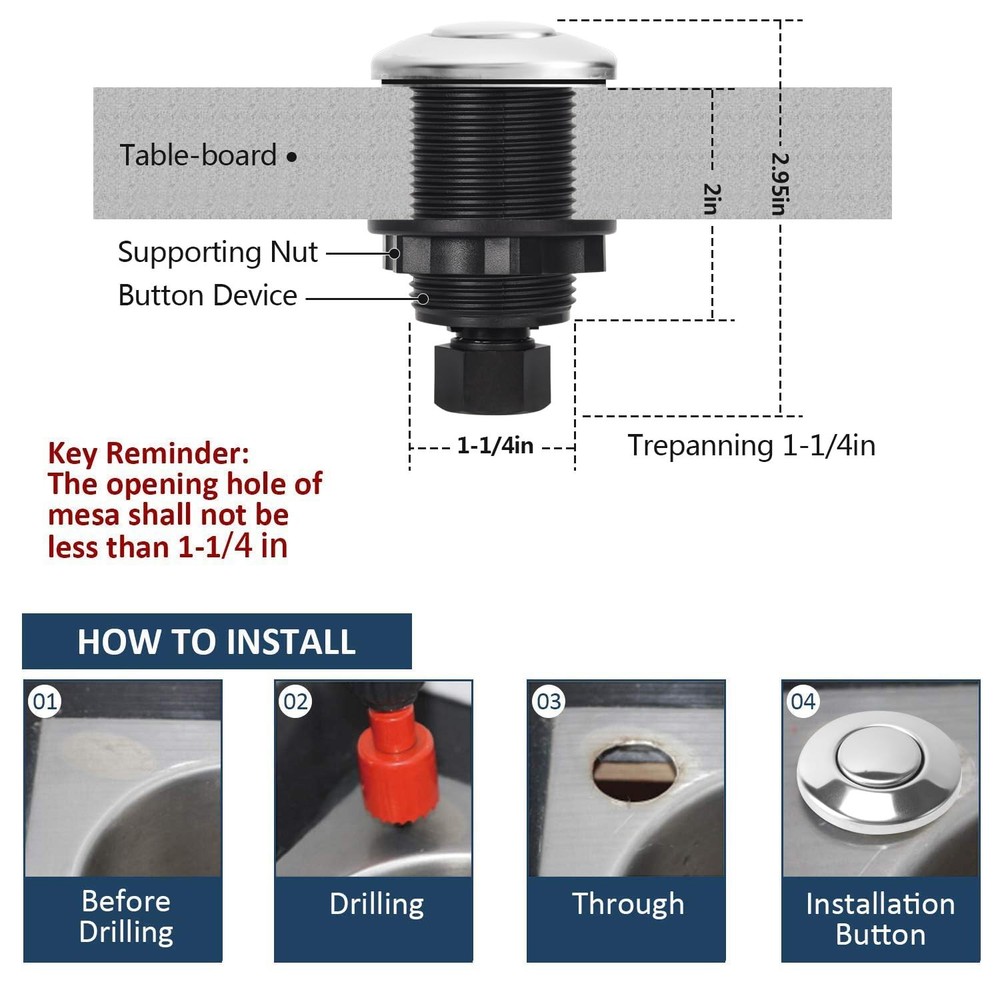 Air Switch Kit for Garbage Disposal - Stainless Steel On/Off Button