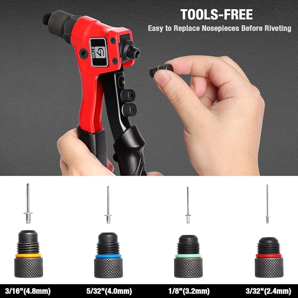 Versatile Pop Rivet Tool Kit: 200 Rivets, 4 Interchangeable Bits, & Carry Case