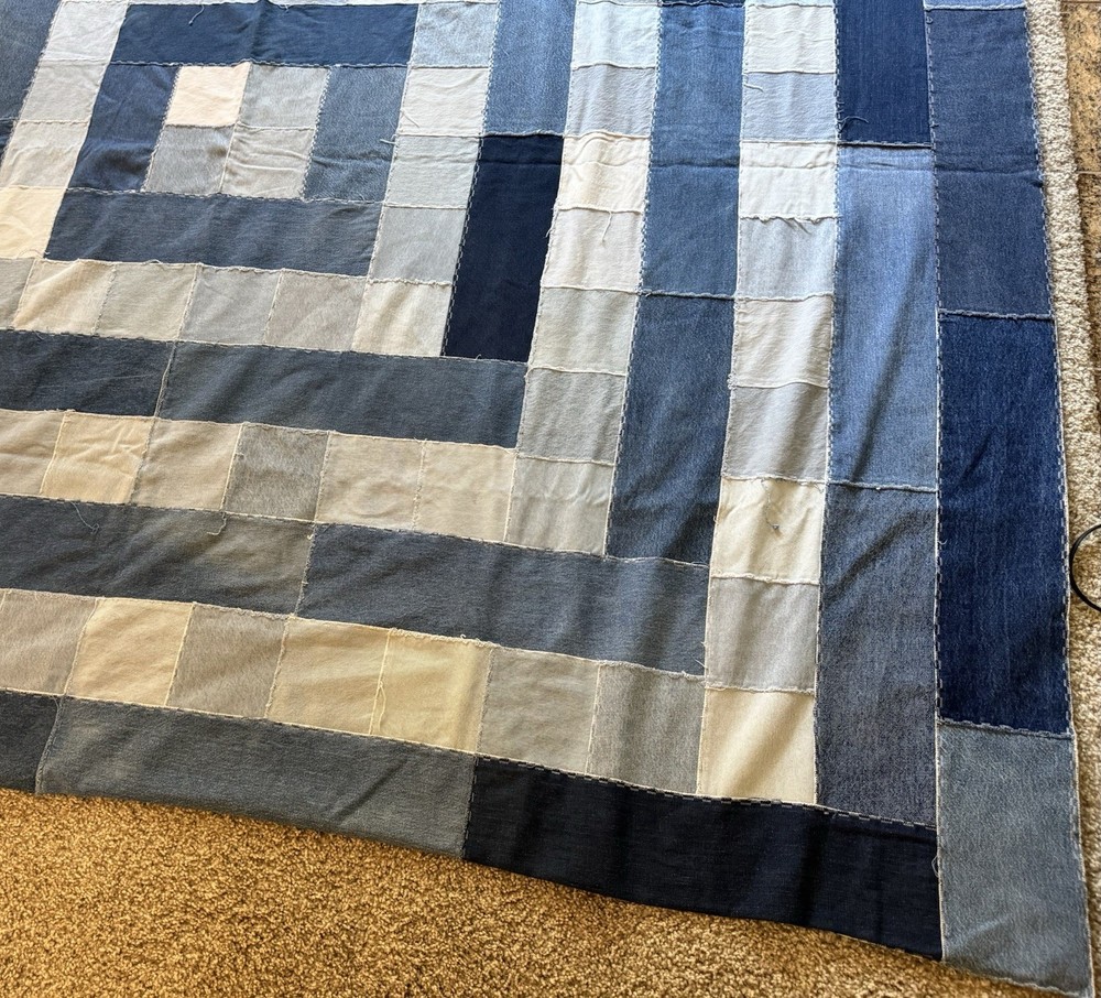 Vintage Patchwork Squares Denim Quilt Heavy Unique Mod Geometric