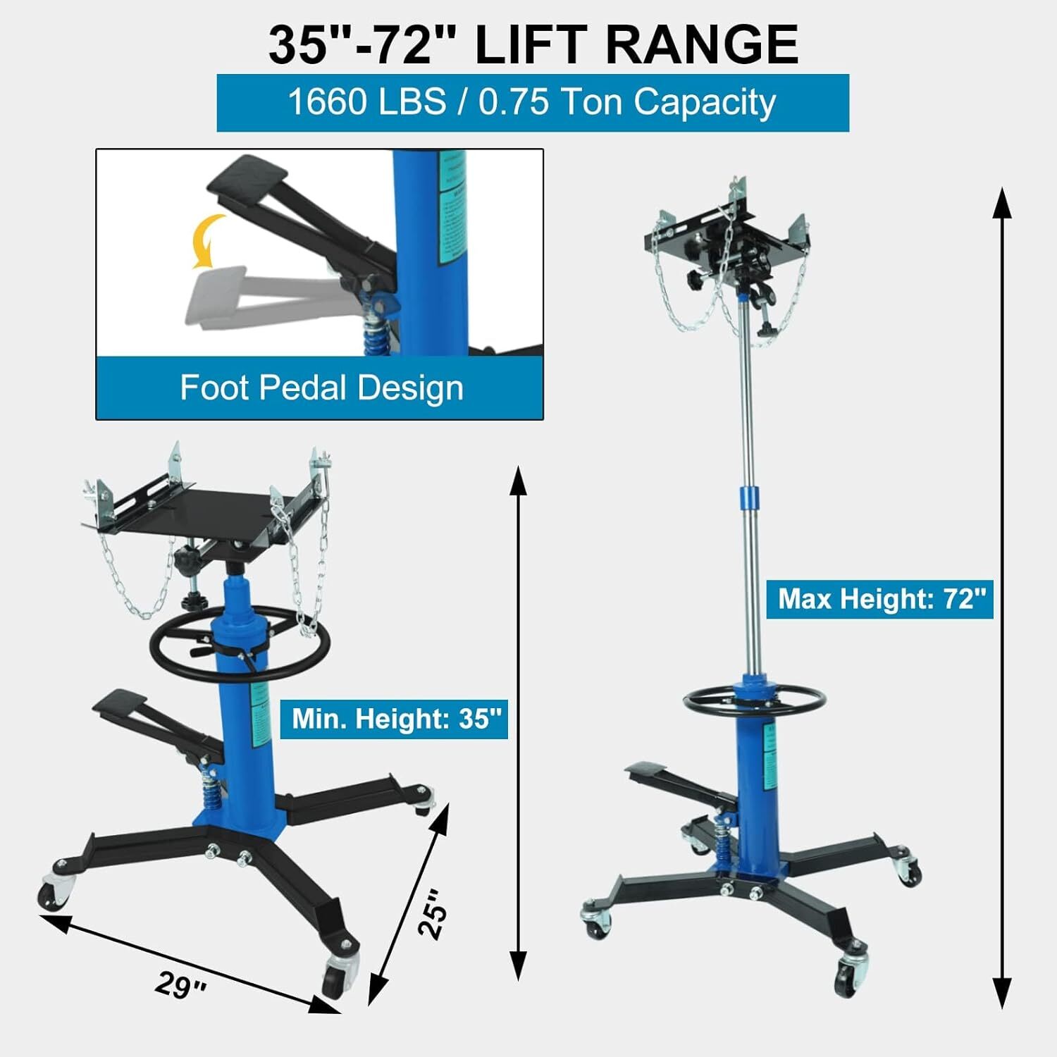 2 Stage Transmission Jack,2 Stage Hydraulic 1660lbs, 360° Swivel Wheel