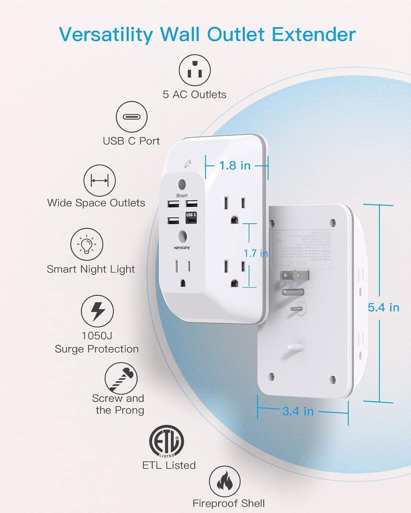 5 Outlet Extender Surge Protector Multi Plug Wall Adapter USB Charger Ports With