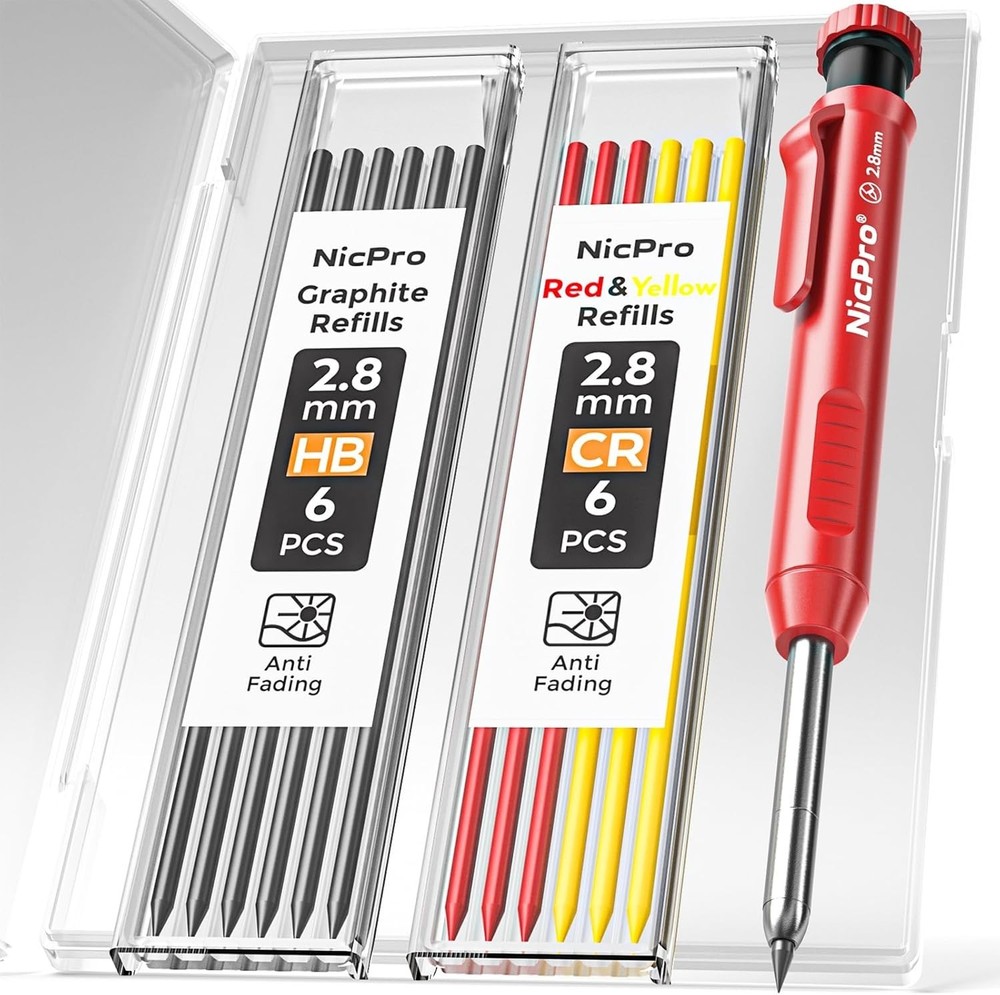 Ergonomic Carpenter Pencil with Sharpener & 13 Refills - Heavy Duty Precision...