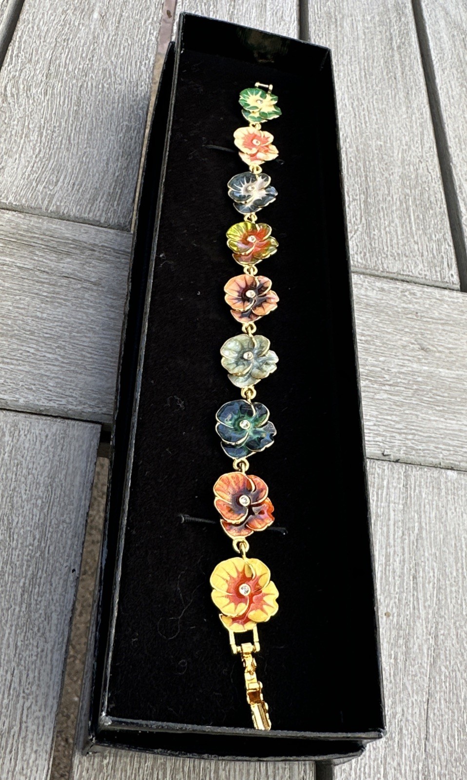 Vintage Joan Rivers 7.5” Pansy Bracelet Floral Enamel Multicolor Gold Tone