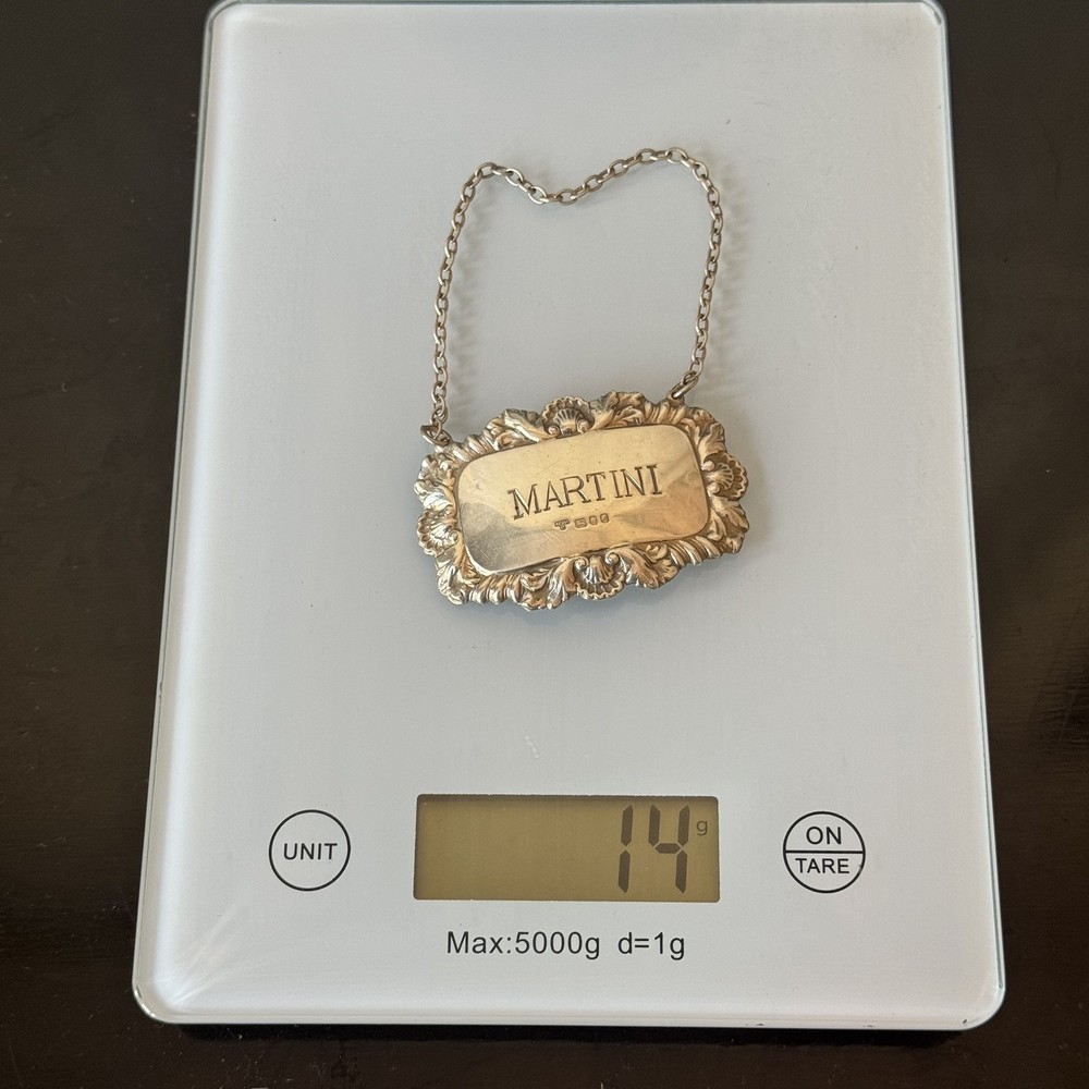 Hallmarked Sterling Silver MARTINI Decanter Label, 1975, London, Shell Pattern