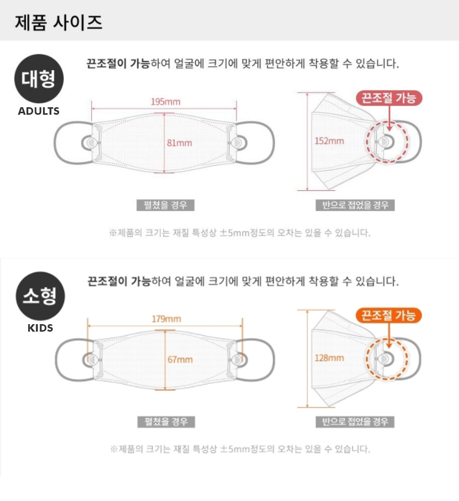 BLUNA Adjustable KF94 Korean Face Mask Made in Korea Respirators Adults & Kids