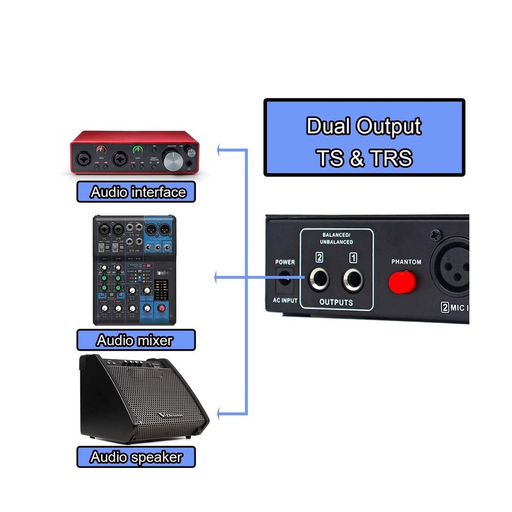 Microphone Preamp Mic Booster 4 Input Max 65db DI Box with 48V Phantom Power ...