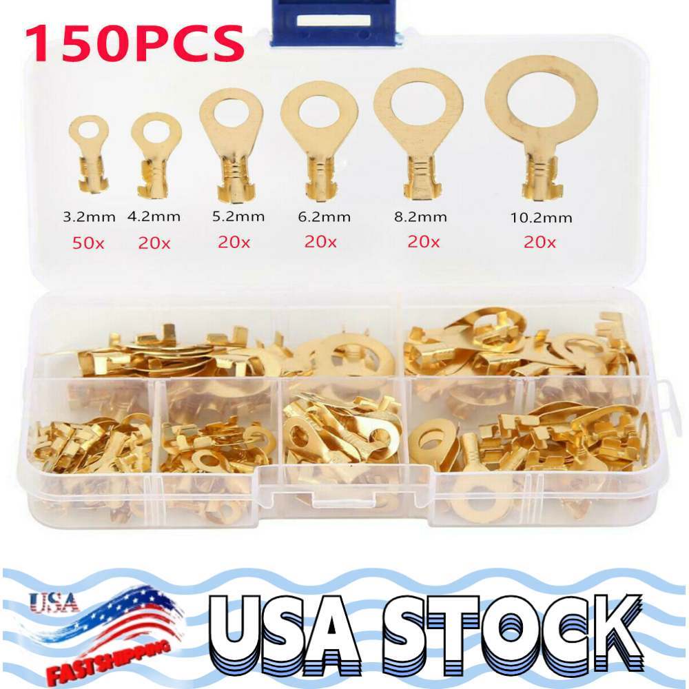 Brass Crimp Ring Terminals Kit Cable Wire Connectors Spade Electrical Set 150PCS