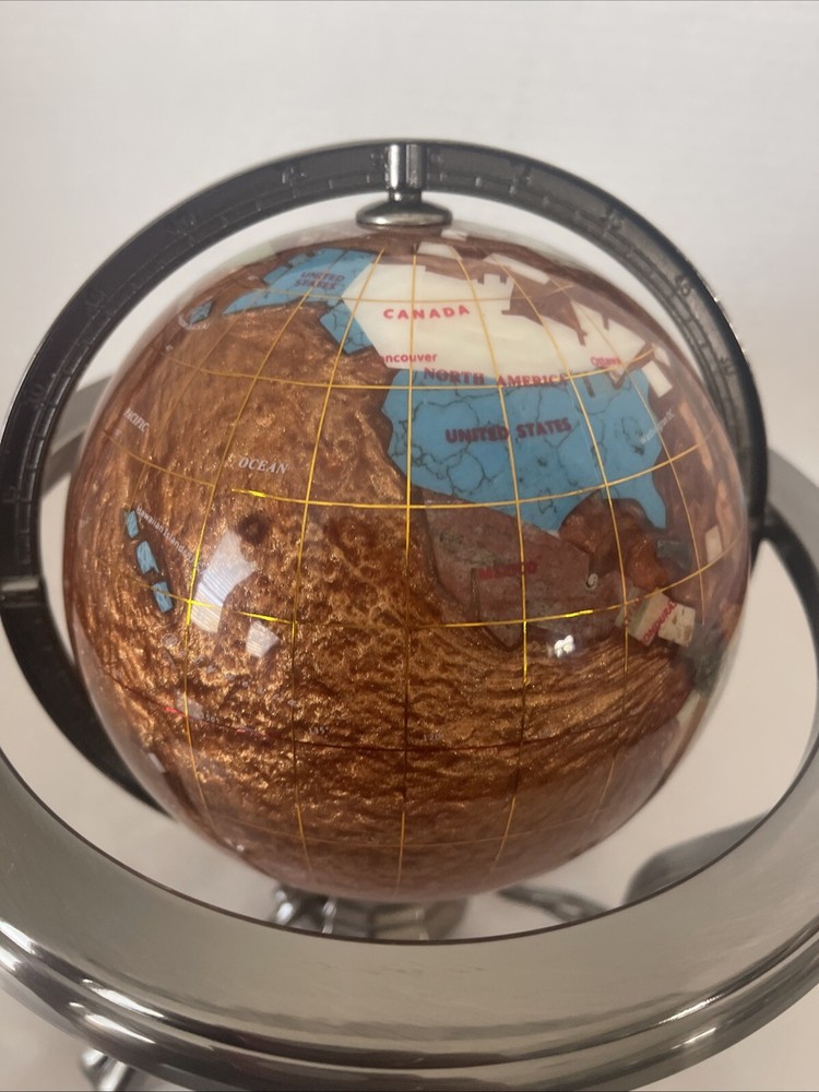 Gemstone World Globe Silver Tripod Stand Compass Manually Rotates 10” Tall